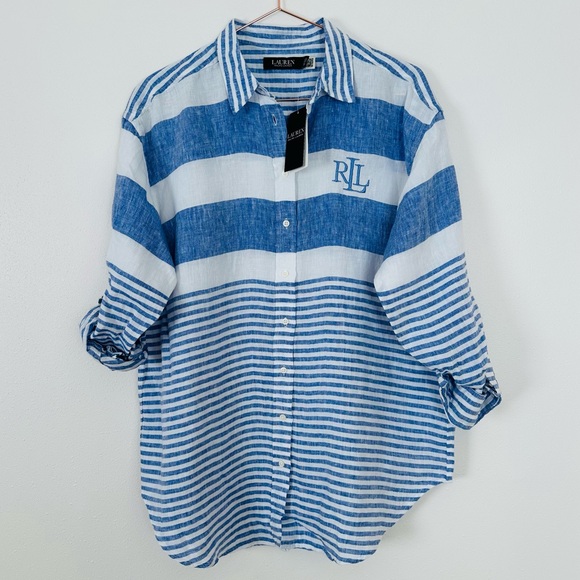 New Ralph Lauren Linen Button Down Striped oversized Shirt poplin - Picture 4 of 8